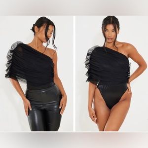 Black Sheer Ruffle One Shoulder Bodysuit
